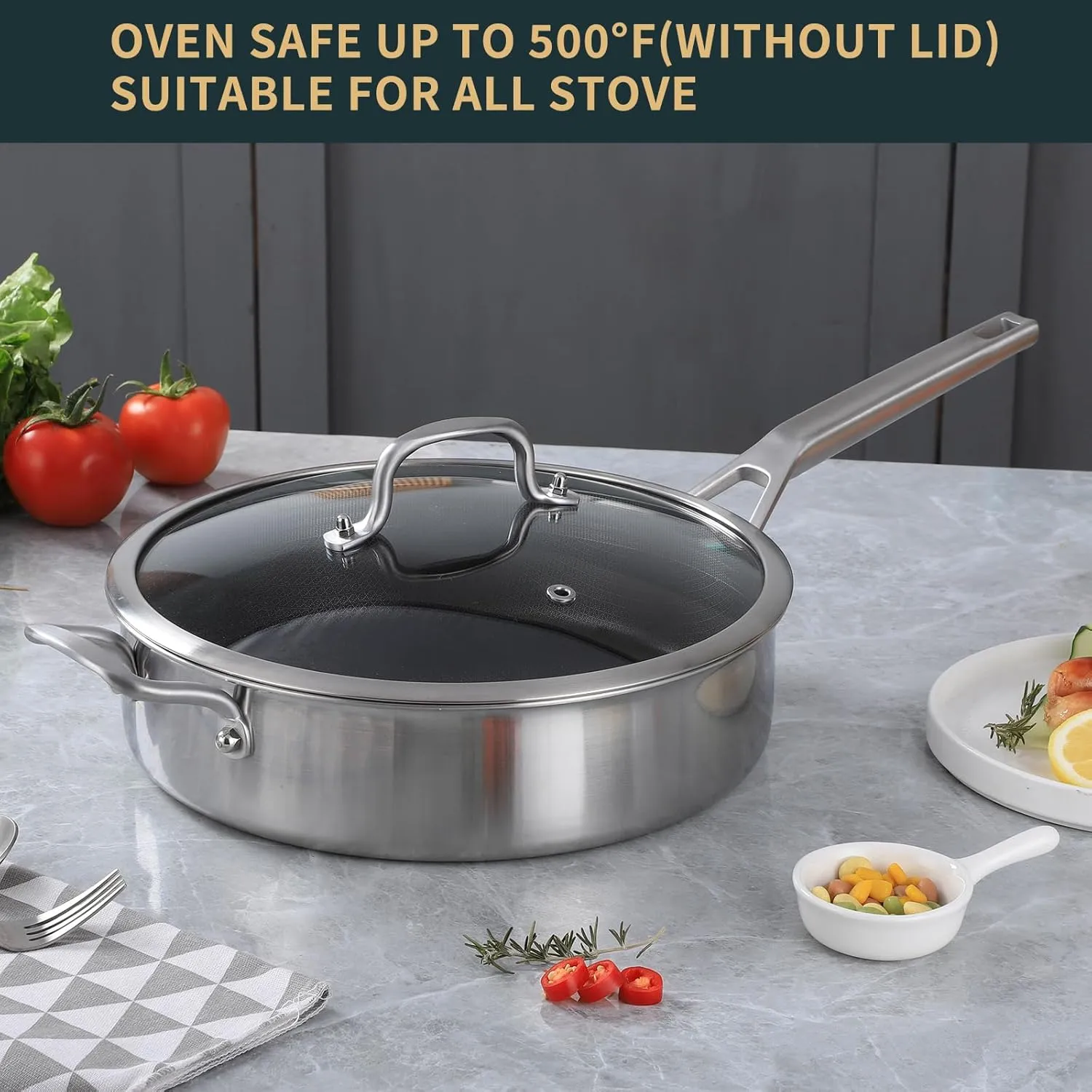 Saute Pan with Lid 5 Quarts,12.5 Inch 18/10 Tri-Ply Nonsitck Large Frying Pan, Up to 600℉ Full Clad Stainless Steel 3 Layer Deep Frying Pan with Stay Cool Handle, Dishwasher and Metal Utensil Safe