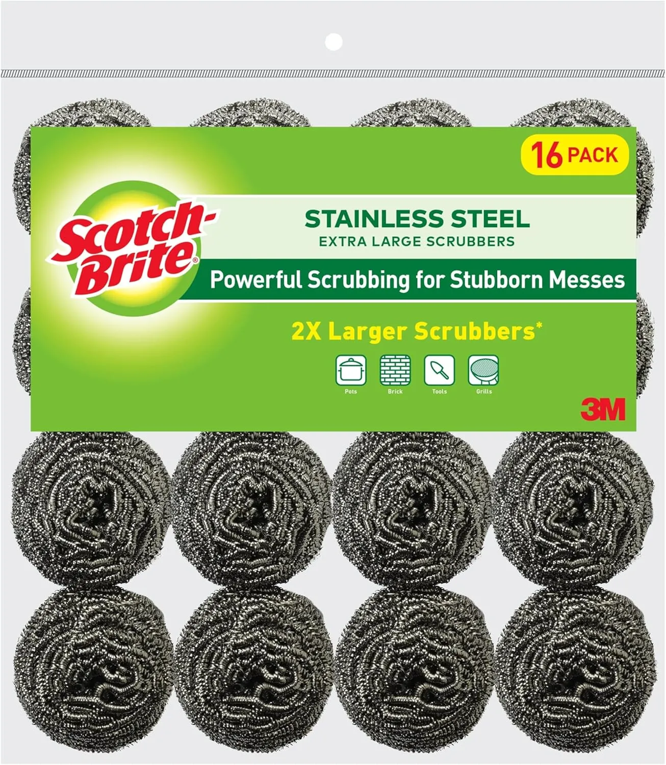 Scotch-Brite Stainless Steel Scrubbers, Durable, Ideal for Uncoated Cookware, 16 Scrubbers