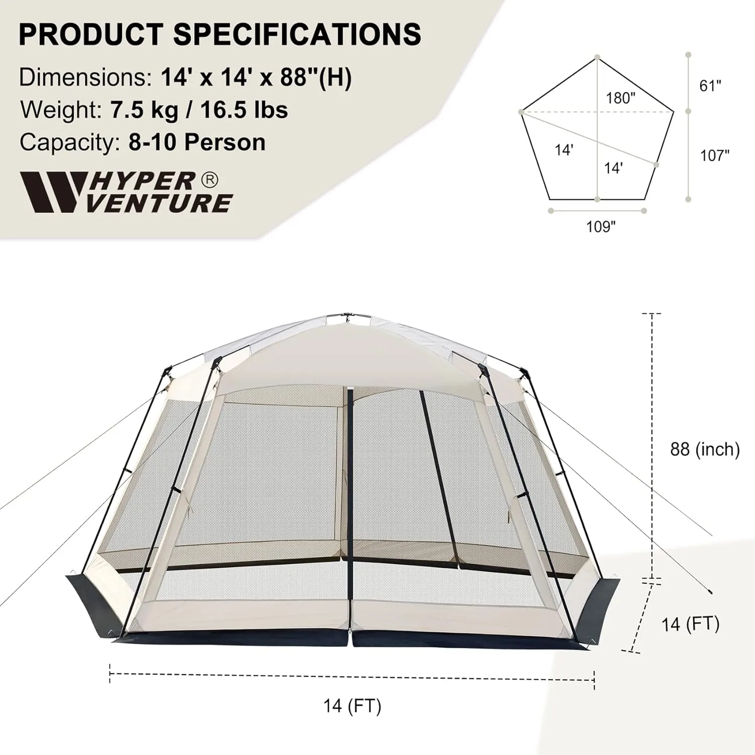 Screen House 14x14ft Canopy Tent with 5-Sided Netting, Easy Setup, Portable Gazebo Shelter for Outdoor Camping, Gathering, Party, Picnic, Khaki