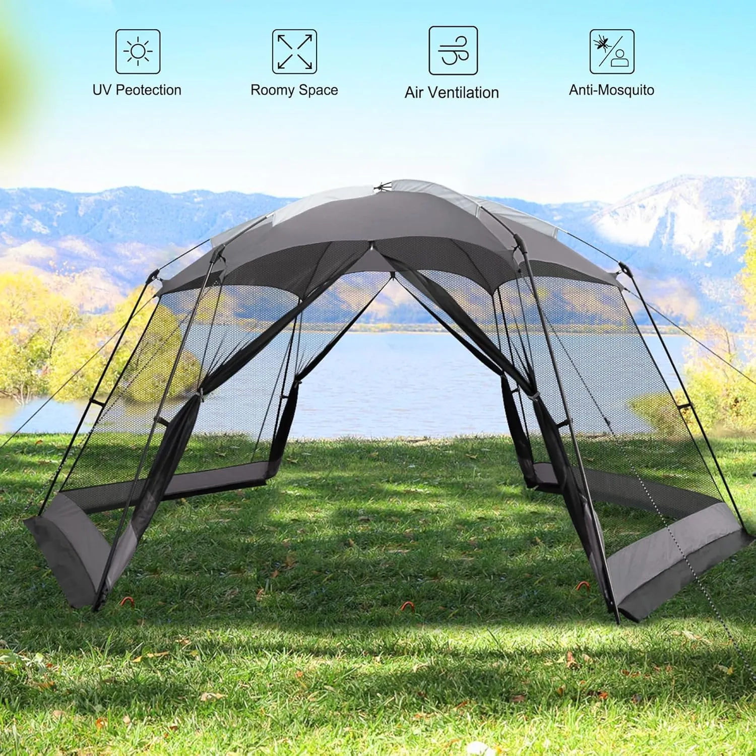 Screen House 15x13 FT Mesh Canopy Tent Camping Gazebo Shelter for 8-10 People Outdoor Party Activities