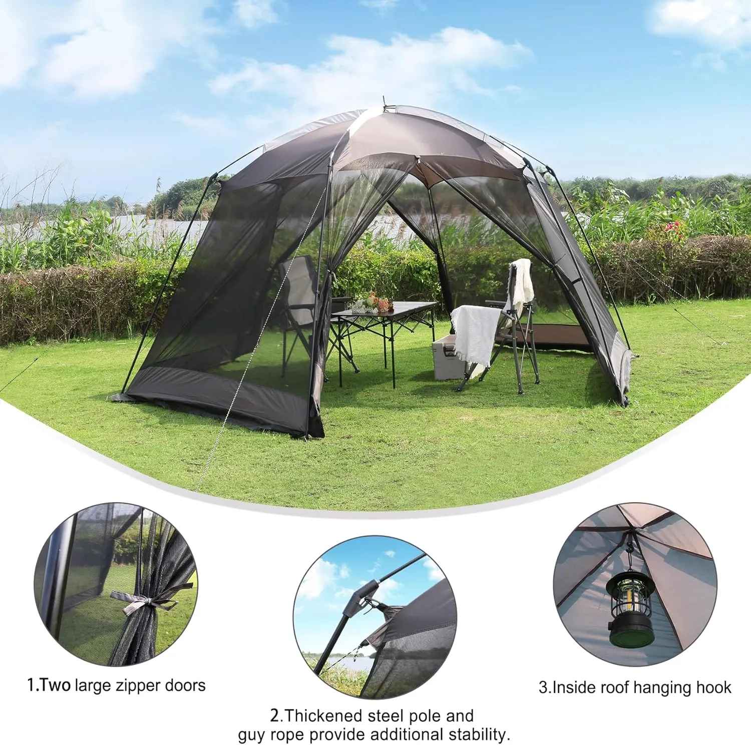 Screen House 15x13 FT Mesh Canopy Tent Camping Gazebo Shelter for 8-10 People Outdoor Party Activities