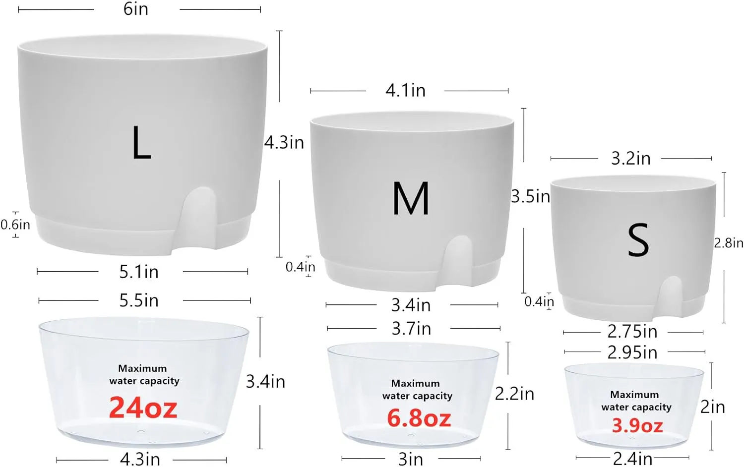 Self Watering Pots for Indoor Plants, 5 Pack 6/4.1/3.2 Inch Flower Pot Modern Decorative Plastic Planter with Extra Large Water Storage for All House Plants, Flowers, Herbs(White)