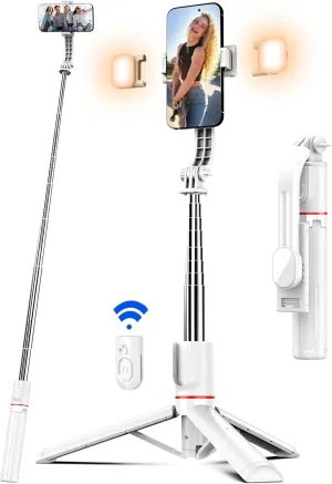 Selfie Stick Tripod with 2 Light, 45" Selfie Sticks with Wireless Remote, Portable Phone Tripod Compatible with 4''-7'' iPhone/Android Samsung Smartphones Selfie Stick for Travel Video Record Vlog
