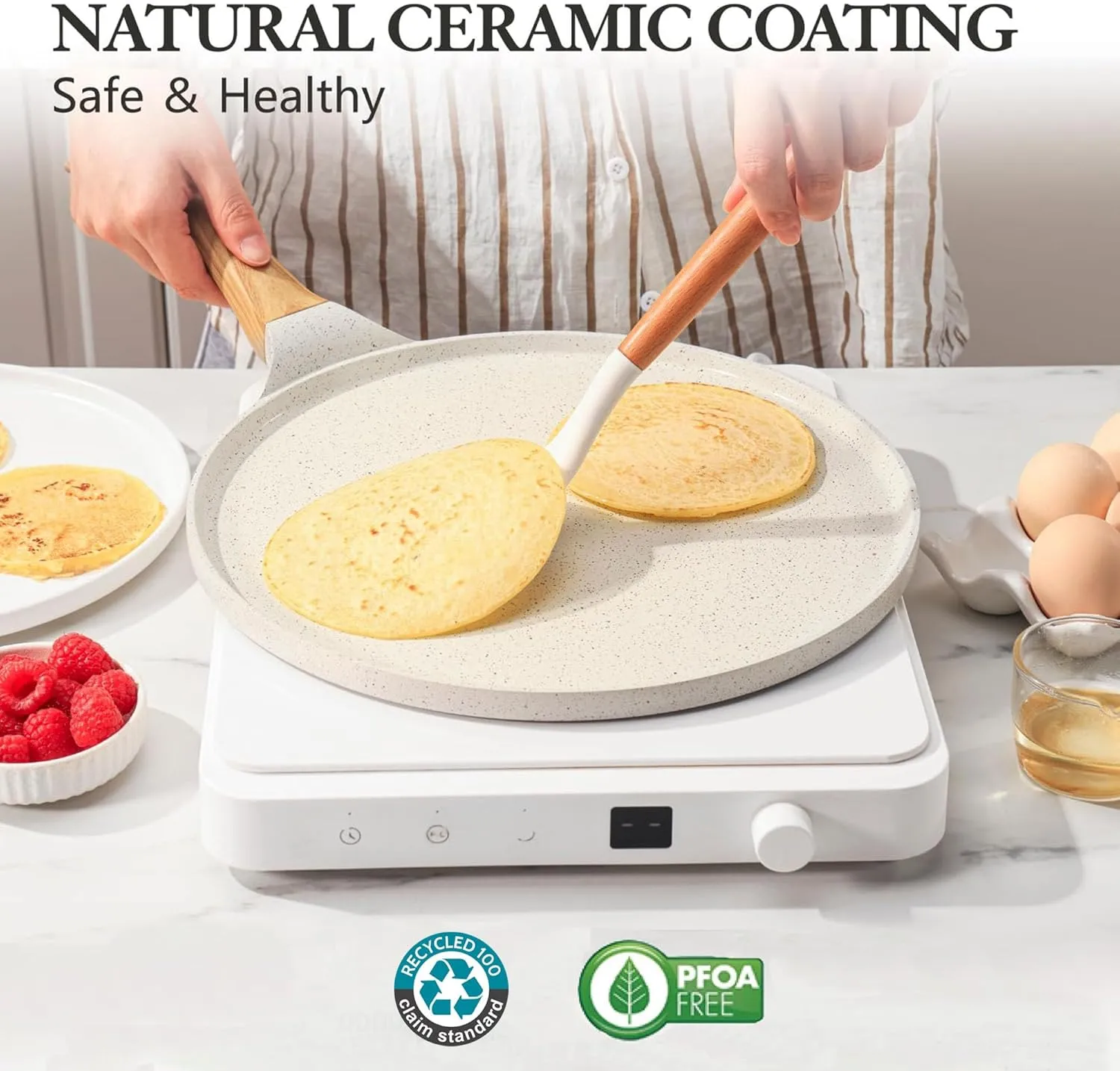 SENSARTE Nonstick Crepe Pan with Spreader, 12-Inch Natural Ceramic Coating Dosa Pan Pancake Flat Skillet Tawa Griddle with Stay-Cool Handle, Induction Compatible, PFOA Free (White)