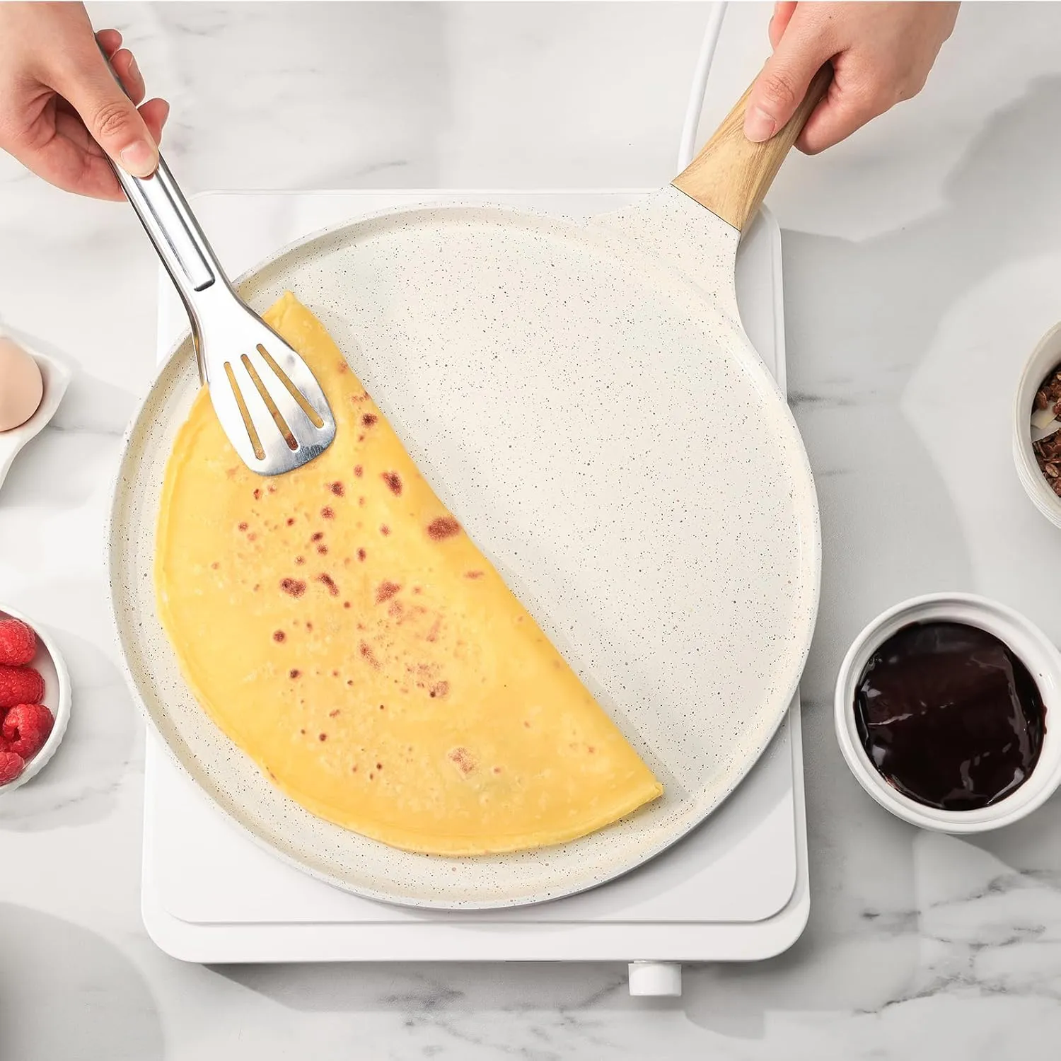 SENSARTE Nonstick Crepe Pan with Spreader, 12-Inch Natural Ceramic Coating Dosa Pan Pancake Flat Skillet Tawa Griddle with Stay-Cool Handle, Induction Compatible, PFOA Free (White)