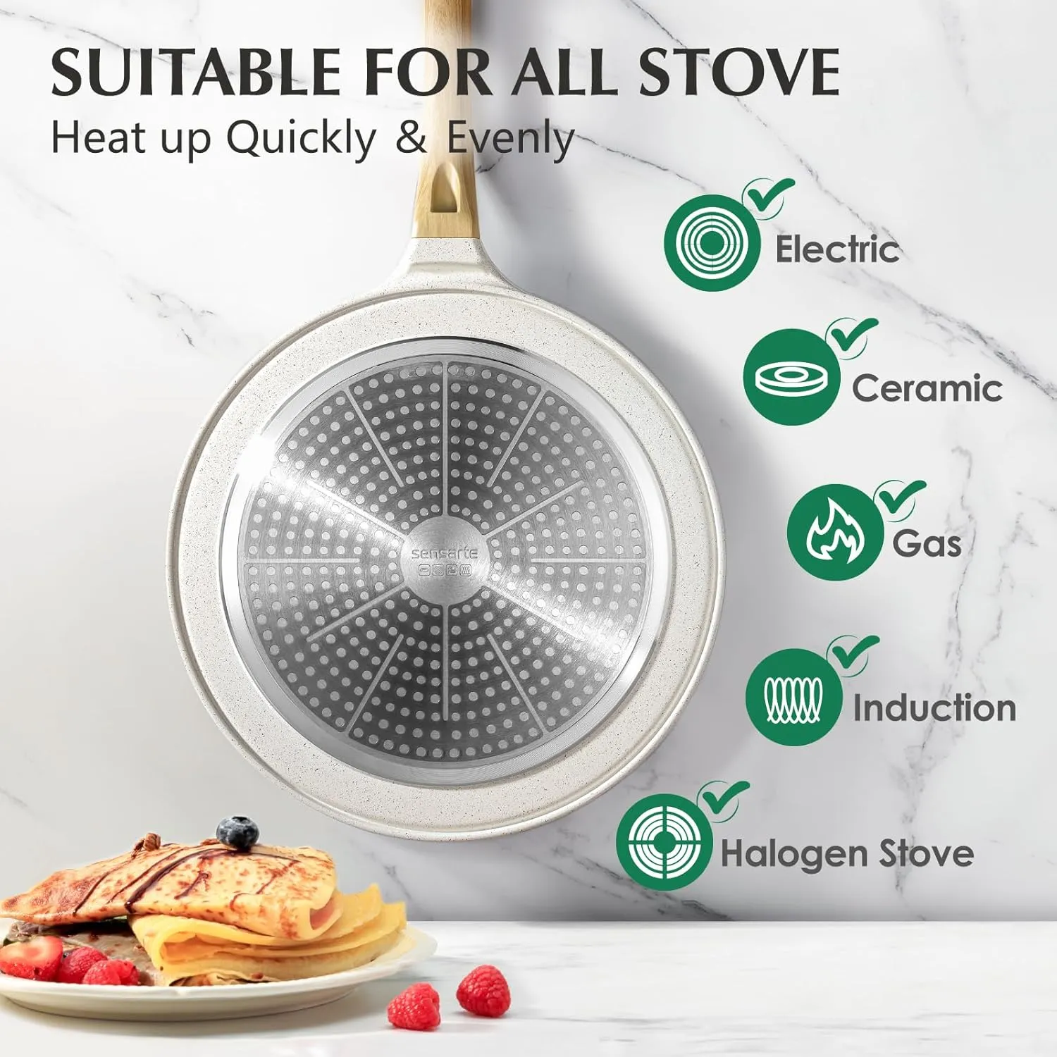 SENSARTE Nonstick Crepe Pan with Spreader, 12-Inch Natural Ceramic Coating Dosa Pan Pancake Flat Skillet Tawa Griddle with Stay-Cool Handle, Induction Compatible, PFOA Free (White)