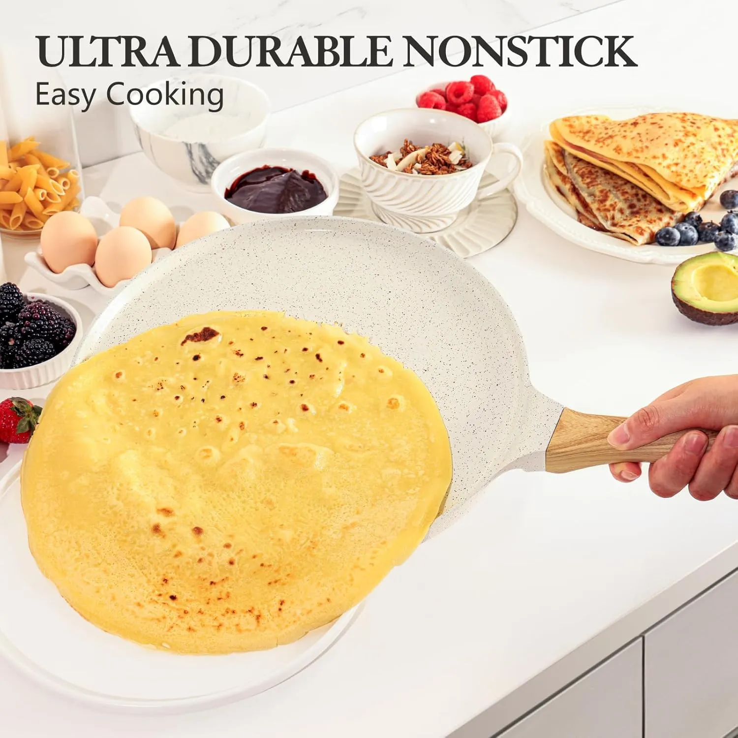 SENSARTE Nonstick Crepe Pan with Spreader, 12-Inch Natural Ceramic Coating Dosa Pan Pancake Flat Skillet Tawa Griddle with Stay-Cool Handle, Induction Compatible, PFOA Free (White)
