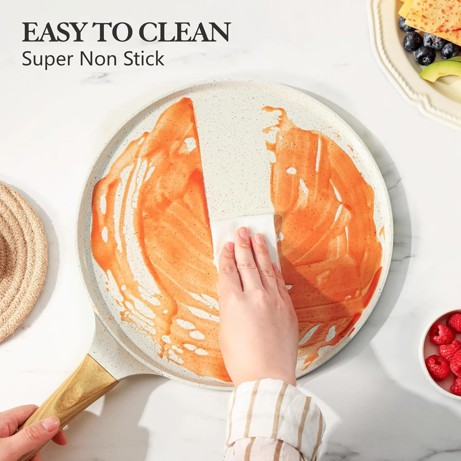 SENSARTE Nonstick Crepe Pan with Spreader, 12-Inch Natural Ceramic Coating Dosa Pan Pancake Flat Skillet Tawa Griddle with Stay-Cool Handle, Induction Compatible, PFOA Free (White)
