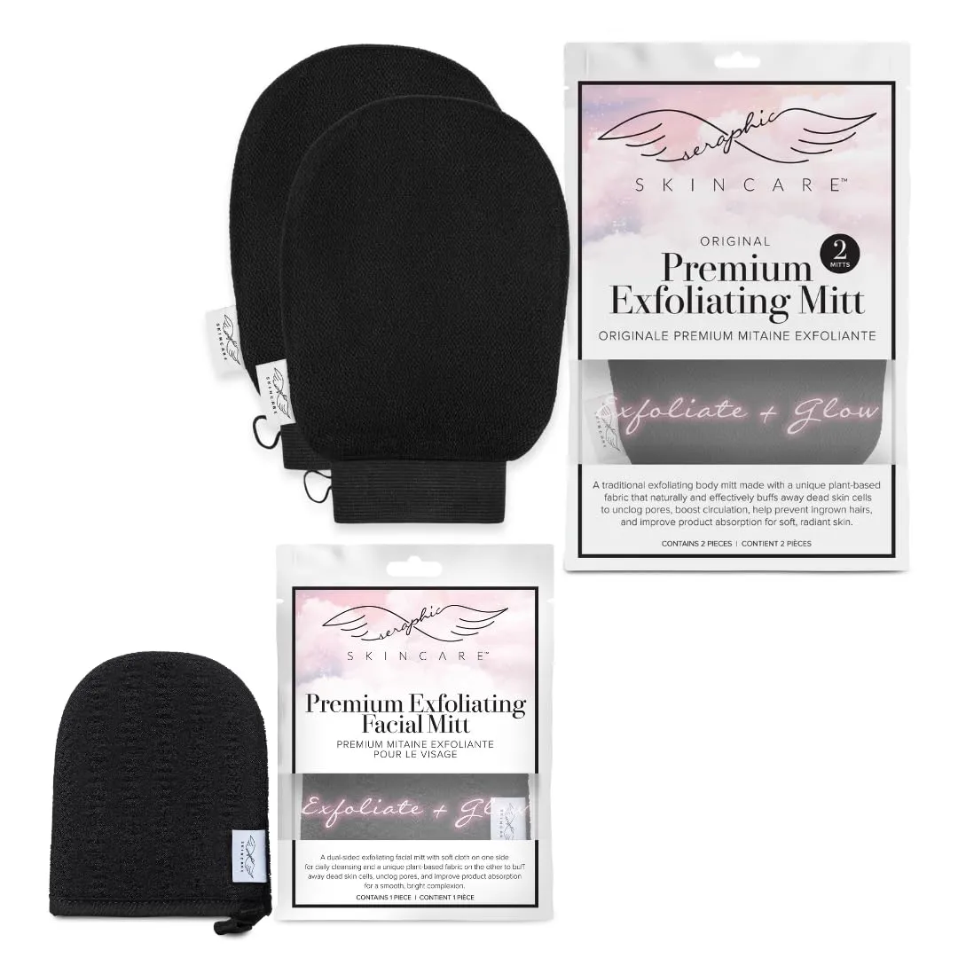 Seraphic Skincare (Original) Premium Exfoliating Mitt for Body (2pc) & Facial Mitt – Body Exfoliator for Self-Tan Removal – Facial Scrub Pad for Gentle Cleansing & Exfoliation