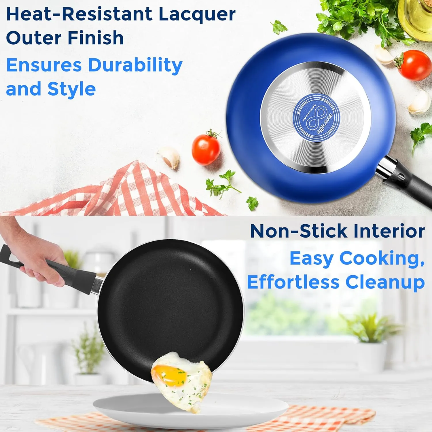 SereneLife 6-Piece Pots and Pans Set – Nonstick Cookware, Black Coating, Heat-Resistant, Dishwasher safe, Includes Fry Pans, Saucepans with Lids, Color Blue