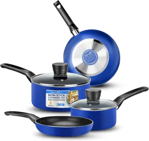 SereneLife 6-Piece Pots and Pans Set – Nonstick Cookware, Black Coating, Heat-Resistant, Dishwasher safe, Includes Fry Pans, Saucepans with Lids, Color Blue