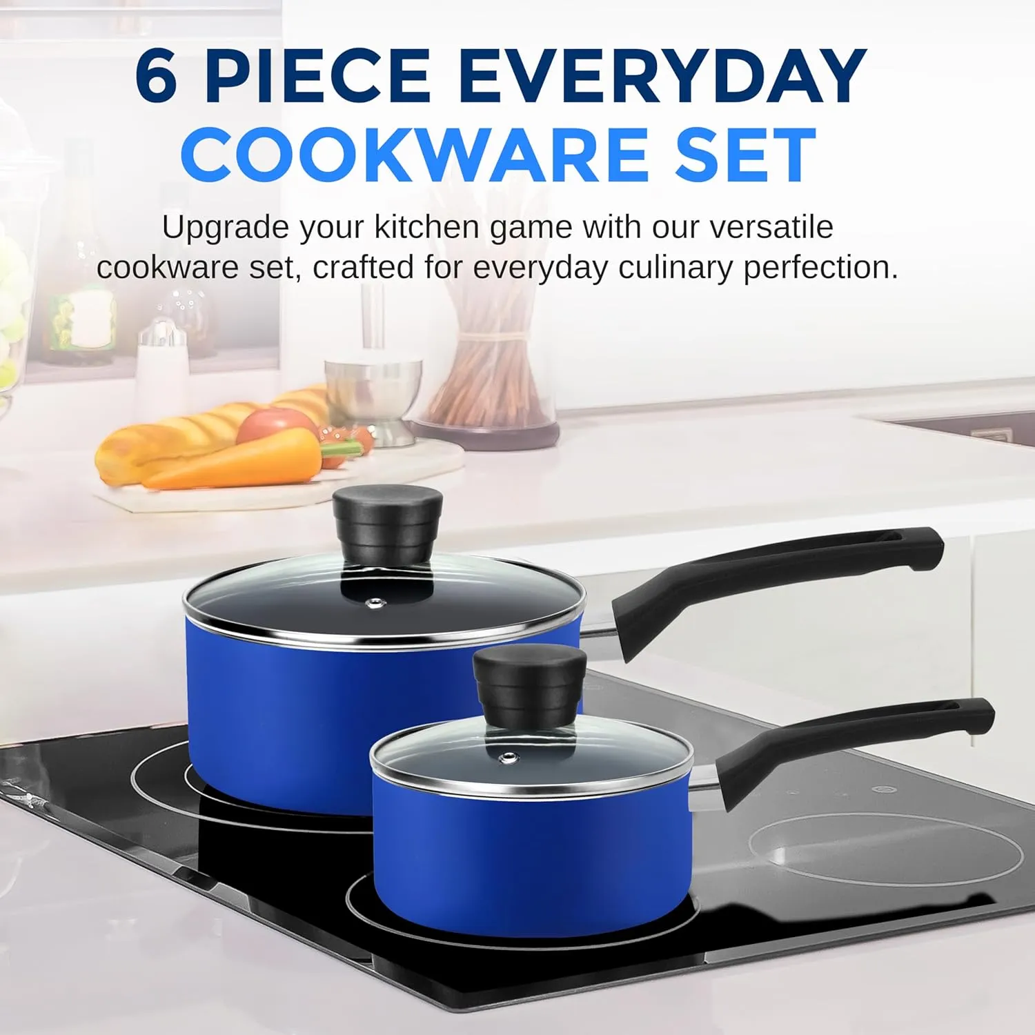 SereneLife 6-Piece Pots and Pans Set – Nonstick Cookware, Black Coating, Heat-Resistant, Dishwasher safe, Includes Fry Pans, Saucepans with Lids, Color Blue