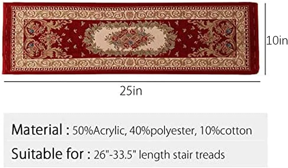 Set of 13 Non-Slip Washable Stair Treads Carpet with Skid Resistant Rubber Backing Indoor Wooden Step Mats Self-Adhesive Stair Protectors 10.2" x 25.2" Alexander Red