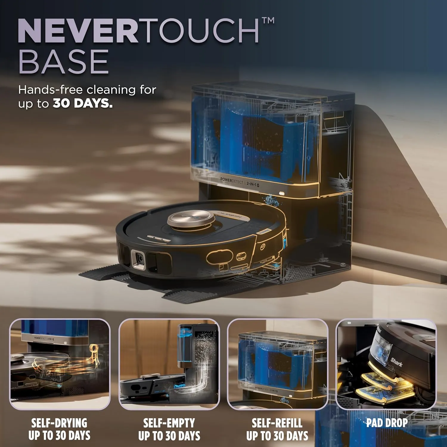 Shark PowerDetect NeverTouch, Self-Empty & Self-Refill, Robot Vacuum and Mop with Bagless, 30-Day Debris Capacity HEPA Base, 30-Day Capacity Refill Tank, Pad Dry, Black, AV2810YS