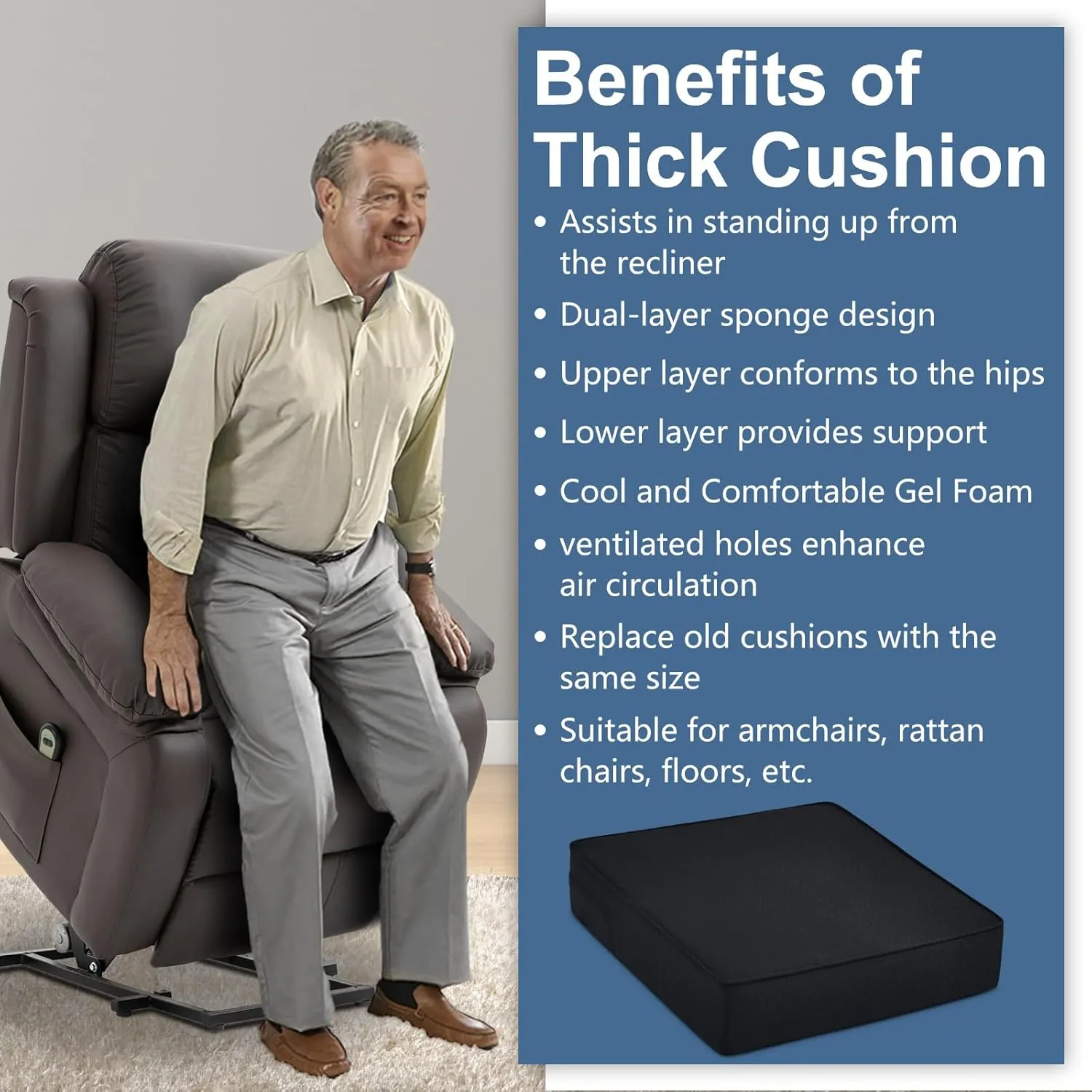 Shinnwa Gel Memory Foam Recliner Cushion for Elderly, Dual-Layer Foam Chair Pad, Extra Large Seat Cushion for Couch, Armchair, Wicker Chairs, Floor, 20 × 20 × 5in, Black