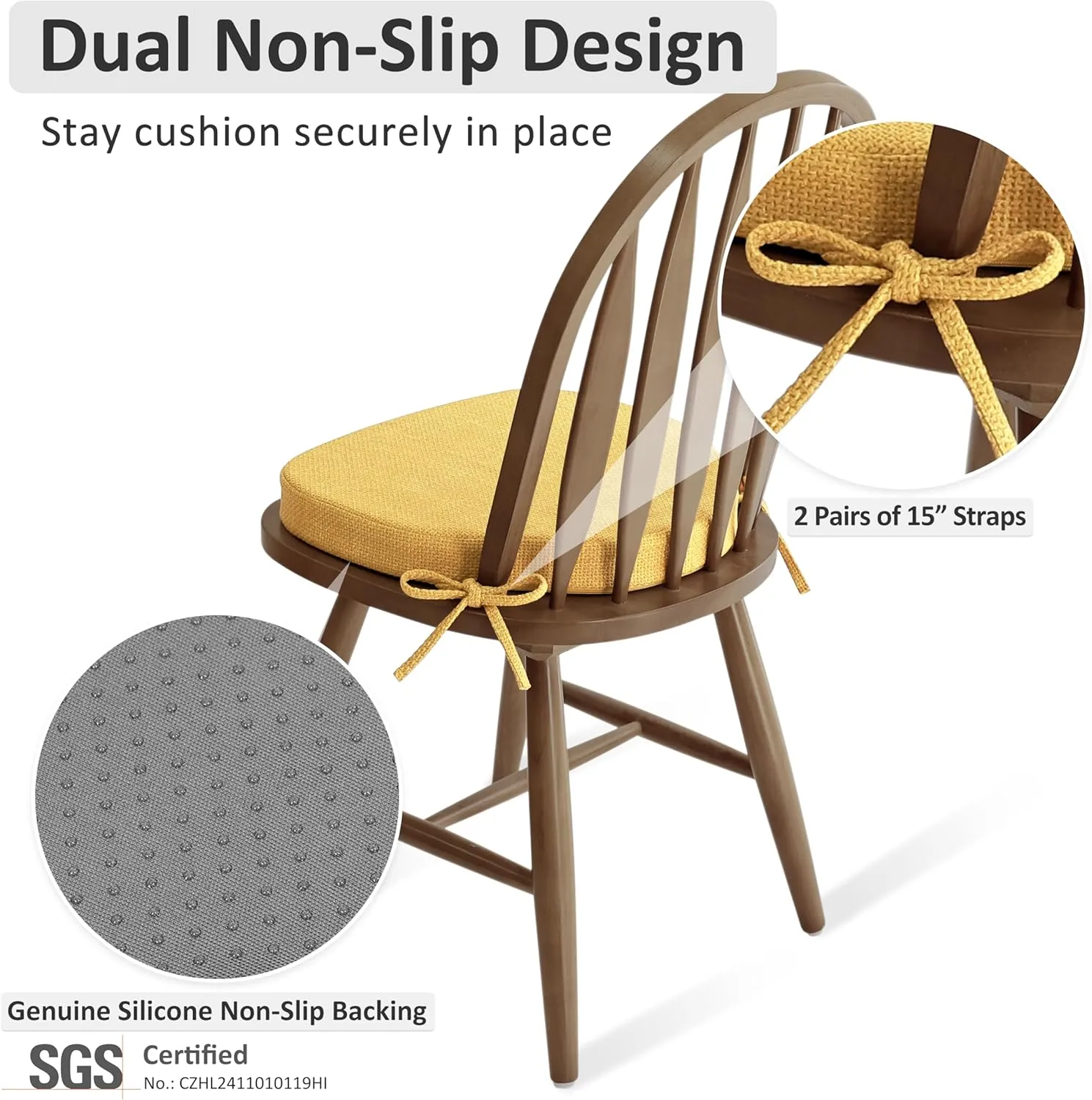 Shinnwa Kitchen Chair Cushions Set of 4, High-Resilience Foam Windsor Seat Pads, Dining Chair Cushions with Ties & Textured Cover, 4 Pack, 16.5 x 15.5 x 2, Mustard Yellow