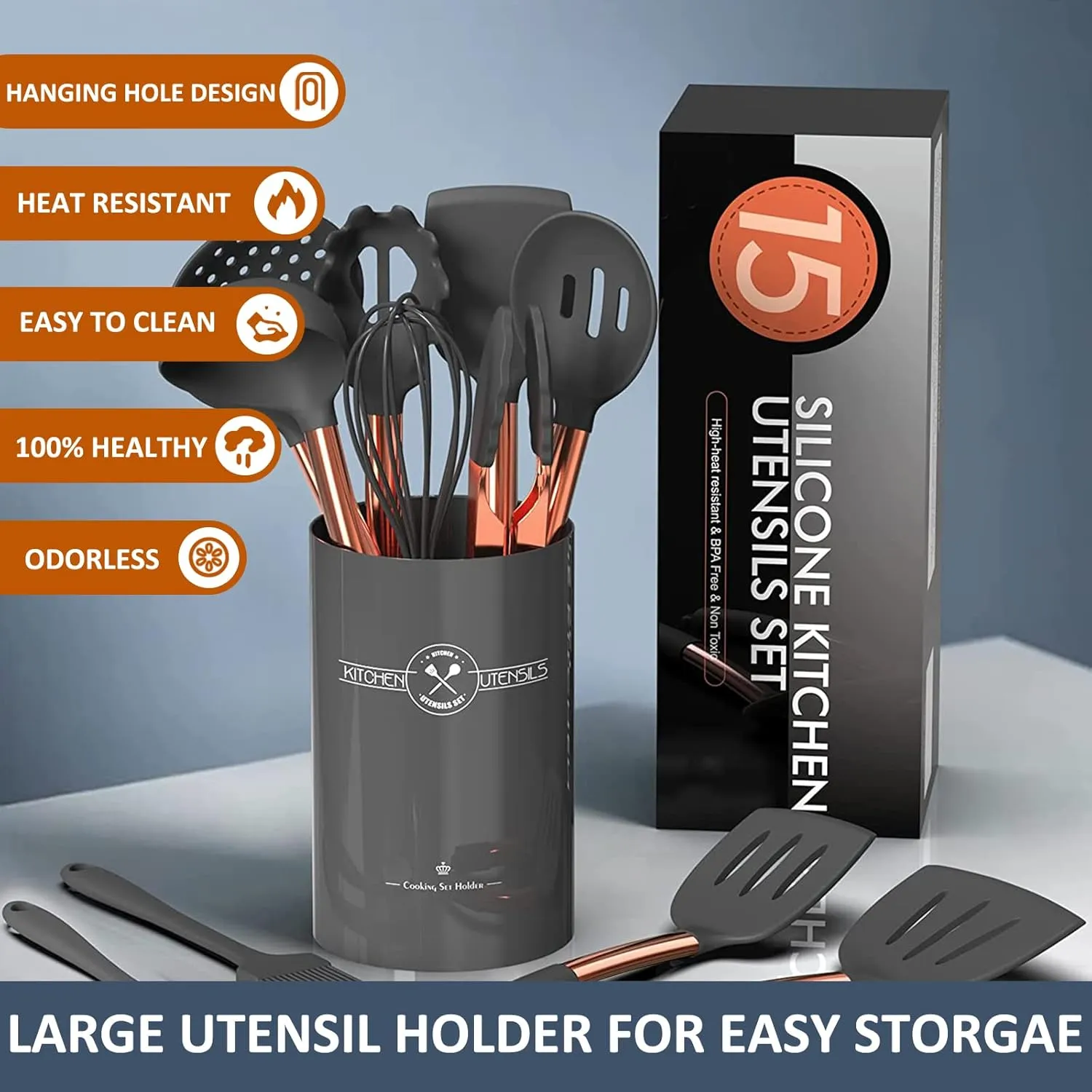 Silicone Cooking Utensil Set, Umite Chef Kitchen Utensils 15pcs Cooking Utensils Set Non-stick Silicone Rose Gold Handle Cooking Tools Whisk Kitchen Tools Set -Grey