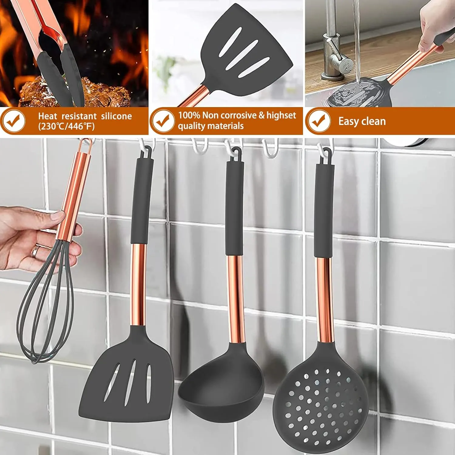Silicone Cooking Utensil Set, Umite Chef Kitchen Utensils 15pcs Cooking Utensils Set Non-stick Silicone Rose Gold Handle Cooking Tools Whisk Kitchen Tools Set -Grey