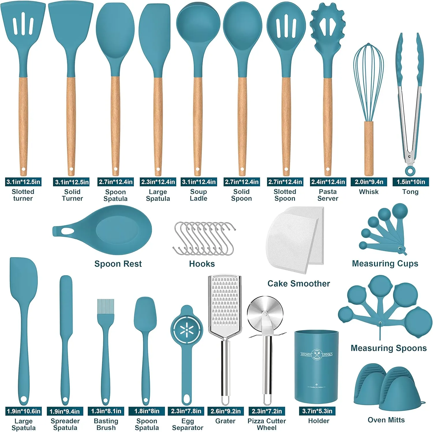 Silicone Cooking Utensils Set, 43Pcs Non-Stick Heat Resistant Kitchen Utensils Spatula Set with Wooden Handle for Baking, Cooking, and Mixing, Best Kitchen Gadgets Tools with Holder (Dark Blue)