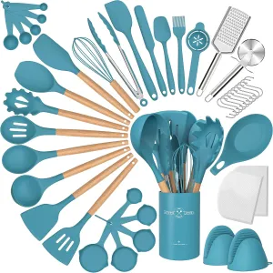 Silicone Cooking Utensils Set, 43Pcs Non-Stick Heat Resistant Kitchen Utensils Spatula Set with Wooden Handle for Baking, Cooking, and Mixing, Best Kitchen Gadgets Tools with Holder (Dark Blue)
