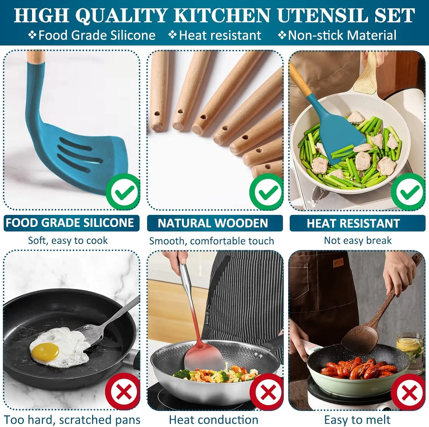 Silicone Cooking Utensils Set, 43Pcs Non-Stick Heat Resistant Kitchen Utensils Spatula Set with Wooden Handle for Baking, Cooking, and Mixing, Best Kitchen Gadgets Tools with Holder (Dark Blue)