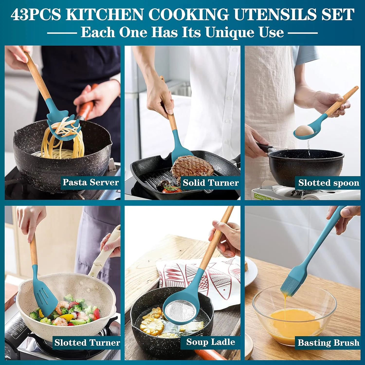 Silicone Cooking Utensils Set, 43Pcs Non-Stick Heat Resistant Kitchen Utensils Spatula Set with Wooden Handle for Baking, Cooking, and Mixing, Best Kitchen Gadgets Tools with Holder (Dark Blue)
