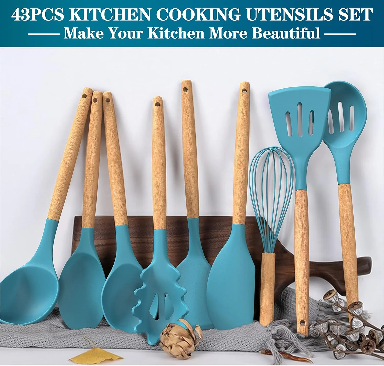 Silicone Cooking Utensils Set, 43Pcs Non-Stick Heat Resistant Kitchen Utensils Spatula Set with Wooden Handle for Baking, Cooking, and Mixing, Best Kitchen Gadgets Tools with Holder (Dark Blue)