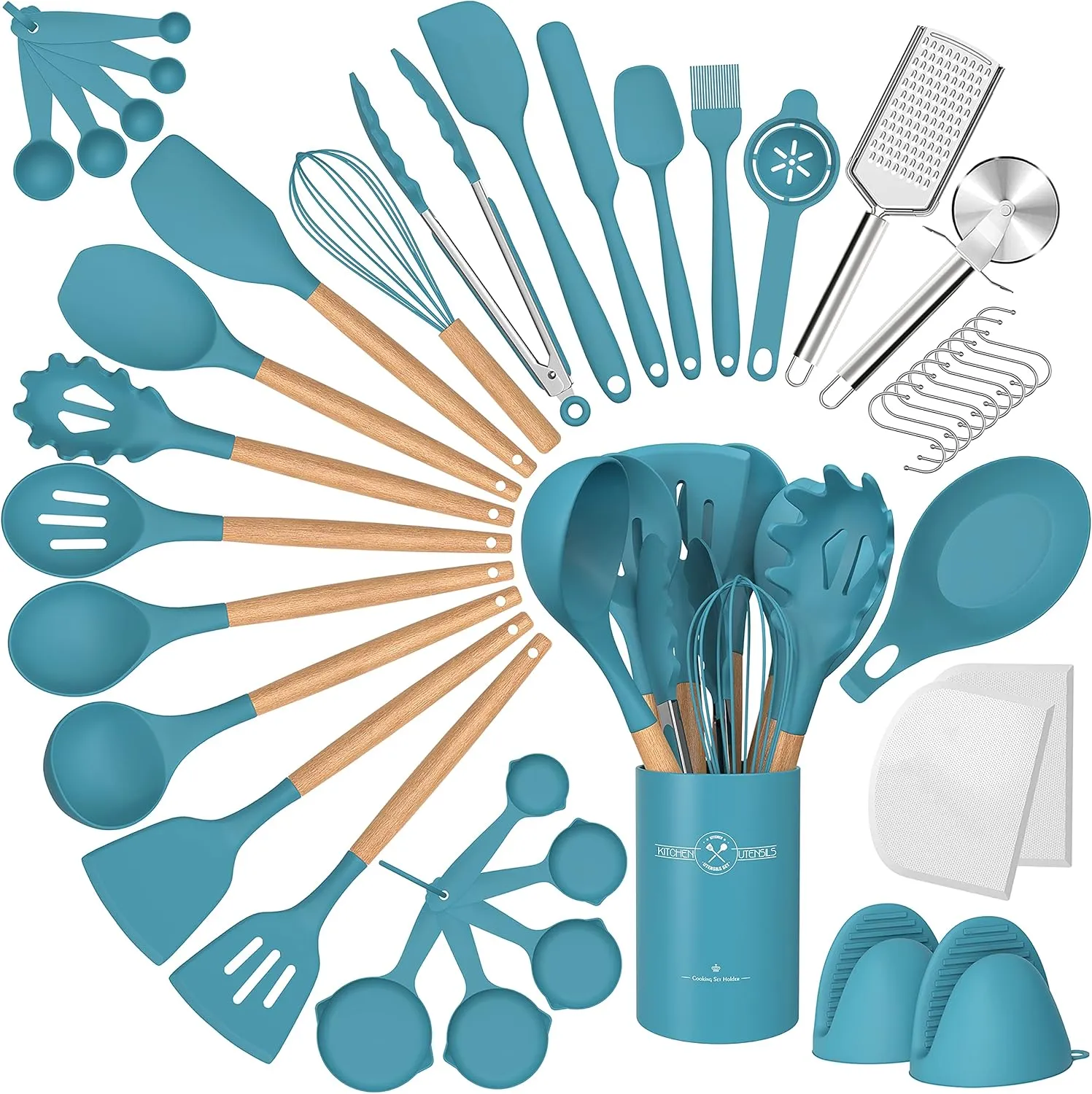 Silicone Cooking Utensils Set, 43Pcs Non-Stick Heat Resistant Kitchen Utensils Spatula Set with Wooden Handle for Baking, Cooking, and Mixing, Best Kitchen Gadgets Tools with Holder (Dark Blue)