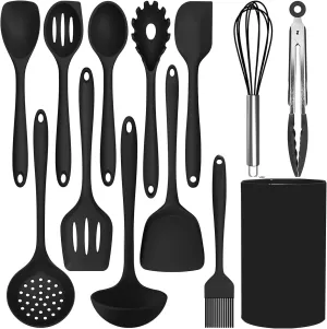 Silicone Cooking Utensils Set For Kitchen, Spoons Spatula Spatulas Accessories, Baking Heat Resistant Cookware De Home, Black Rubber New Apartment Decor, Plastic Nonstick Turner Tool（Silicone ）