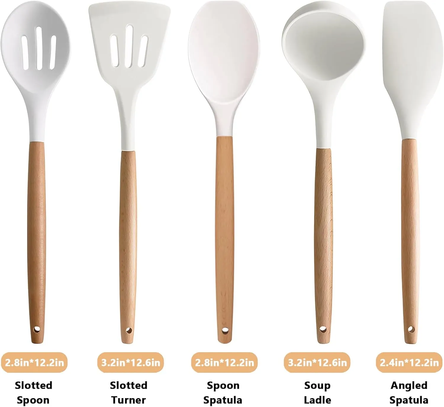 Silicone Kitchen Utensils Set of 5, Cooking Utensil Set with Heat Resistant Wooden Handle Non-Stick Silicone Spatula Spoon Turner Ladle, BPA FREE Cooking Kitchen Gadgets for Cookware & Baking