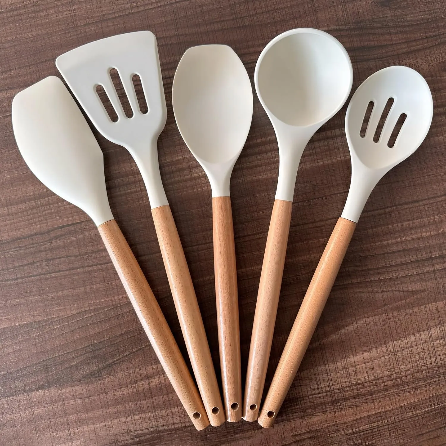 Silicone Kitchen Utensils Set of 5, Cooking Utensil Set with Heat Resistant Wooden Handle Non-Stick Silicone Spatula Spoon Turner Ladle, BPA FREE Cooking Kitchen Gadgets for Cookware & Baking