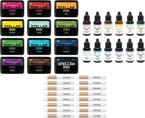 Simon Hurley Stellar Dye Ink (Foam Pads), Bundle of 12 Colors, 12 Reinkers, Released May 2025, 12 Carnora Mini Blending Brushes, 36 Item Bundle