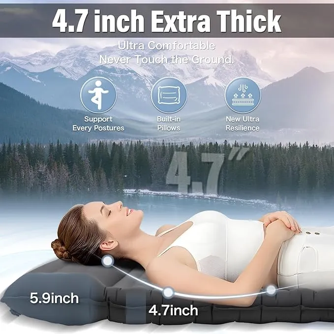 Sleeping Pad for Camping 2 Person Extra 4.7 Inch Thickness Self Inflating Mat with Pillow Built-in Foot Pump Portable Double, Grey