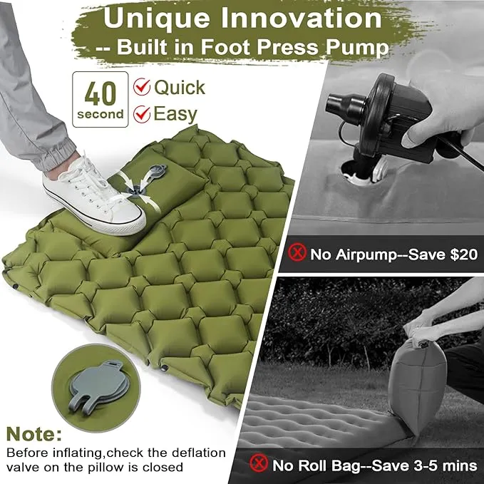 Sleeping Pad for Camping, 79" x 27" Comfort Inflatable Camping Mattress with Pillow, Lightweight Sleeping Mat for Outdoor, Backpacking, Hiking