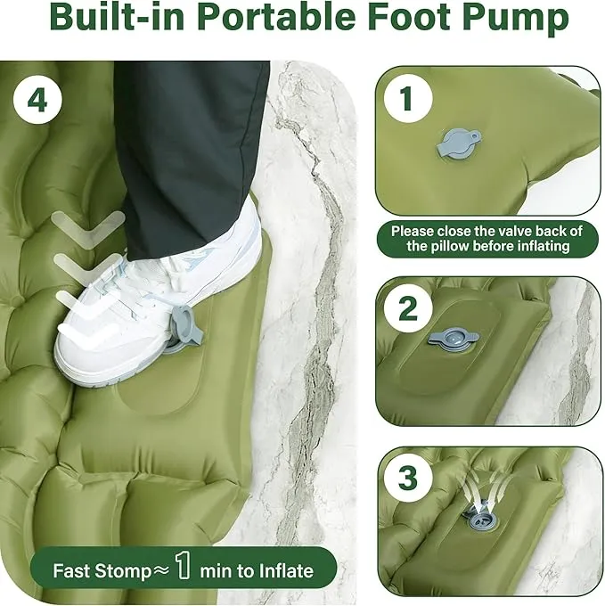 Sleeping Pad for Camping, Self Inflating Ultra Lightweight Sleeping Pad Backpacking Air Mattress Camping Mat with Pillow, Built-in Foot Pump Protable Sleeping Pads for Camping Tent 78x27 Inch