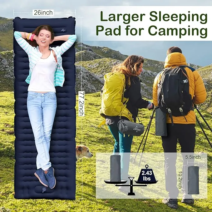 Sleeping Pad for Camping, Thick 4.7 Inch Ultralight Inflatable Sleeping Mat with Built-in Pump,Portable Air Mattress with Pillow for Camping, Backpacking, Hiking,Tent,Dark Blue