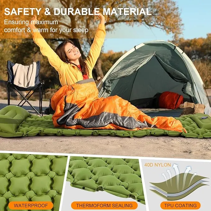 Sleeping Pad Ultralight Inflatable Sleeping Pad for Camping, 80''X25'', Built-in Pump, Ultimate for Camping, Hiking - Airpad, Carry Bag, Repair Kit - Compact & Lightweight Air Mattress（Green）