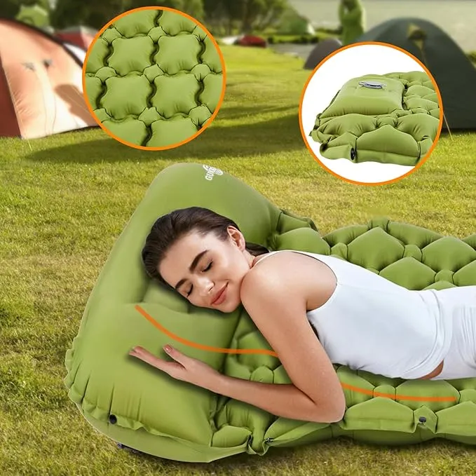 Sleeping Pad Ultralight Inflatable Sleeping Pad for Camping, 80''X25'', Built-in Pump, Ultimate for Camping, Hiking - Airpad, Carry Bag, Repair Kit - Compact & Lightweight Air Mattress（Green）