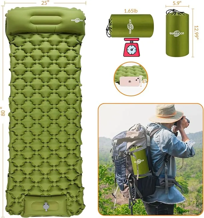 Sleeping Pad Ultralight Inflatable Sleeping Pad for Camping, 80''X25'', Built-in Pump, Ultimate for Camping, Hiking - Airpad, Carry Bag, Repair Kit - Compact & Lightweight Air Mattress（Green）