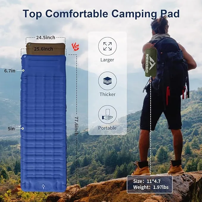 Sleeping Pad,5" Ultra-Thick Self Inflating Sleeping pad for Camping, with Pillow Built-in Foot Pump Camping Mattress for Backpacking, Car Camping, Hiking, Tent(Blue)