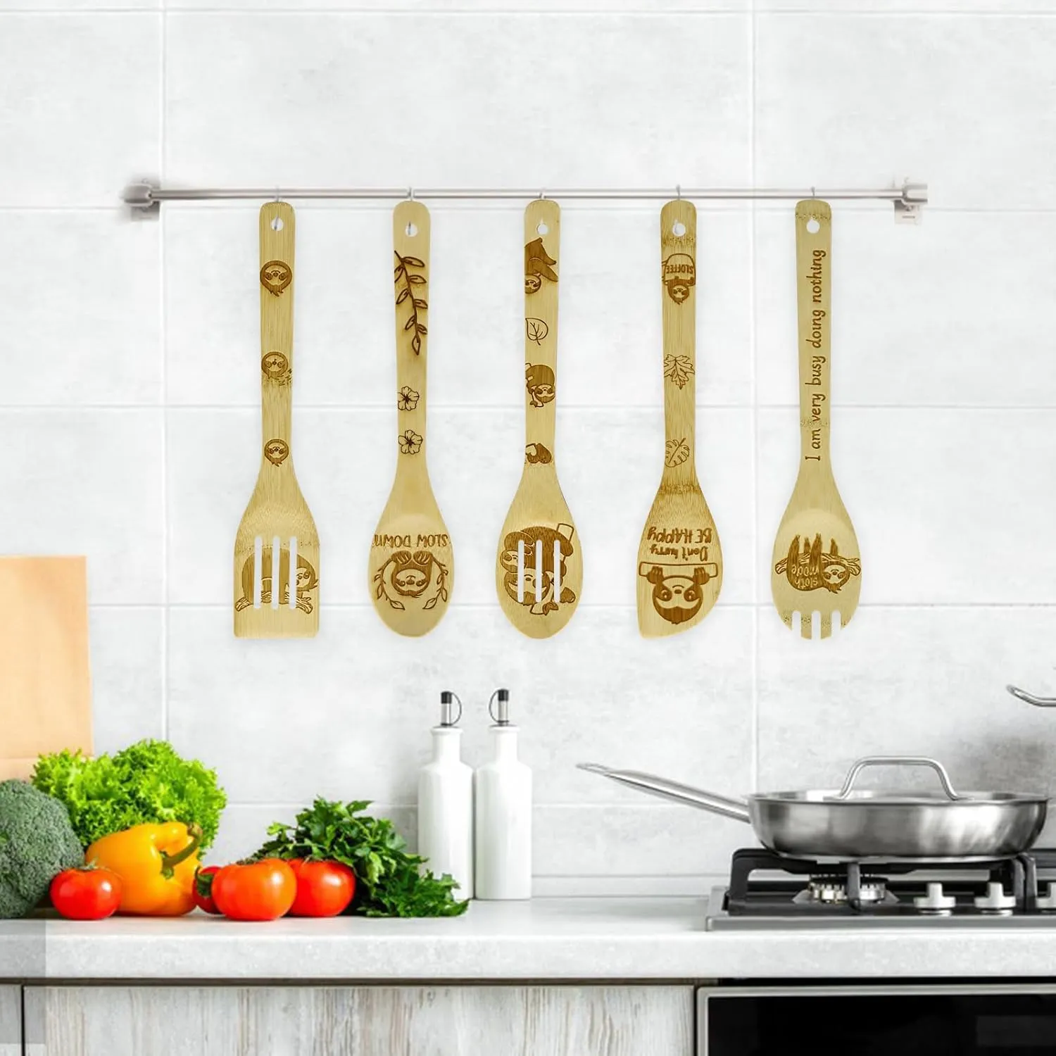 Sloth Gifts for Women, Kitchen Cooking Utensils Set include Unique Bamboo Cooking Spoons Apron, Personalized Christmas Mother's Day Housewarming Gift Idea for Mom