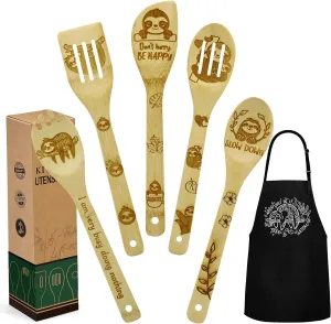 Sloth Gifts for Women, Kitchen Cooking Utensils Set include Unique Bamboo Cooking Spoons Apron, Personalized Christmas Mother's Day Housewarming Gift Idea for Mom