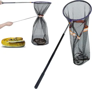 Snake Catcher Net with Secure Drawstring, Rattlesnake Grabber Tool, Reptile Catch Telescopic Pole, 16''-59'' Stainless Steel Extendable Snake Stick&12'' Net Opening for Rattle Snake Removing Catching