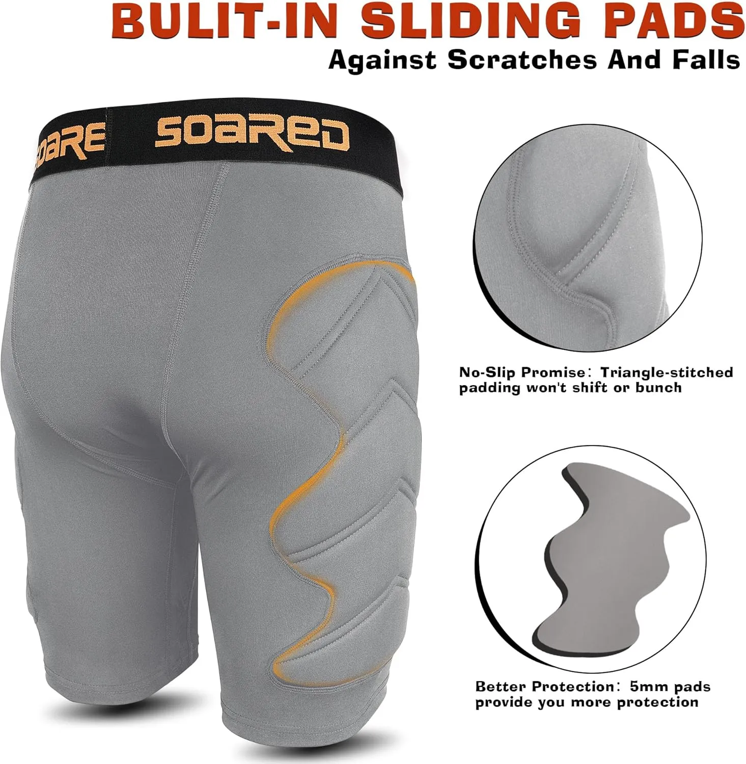 Soared Youth Baseball Sliding Shorts, 5mm Shockproof Pad, Padded Compression Shorts Tear Resistant w/Cup Pocket for Softball