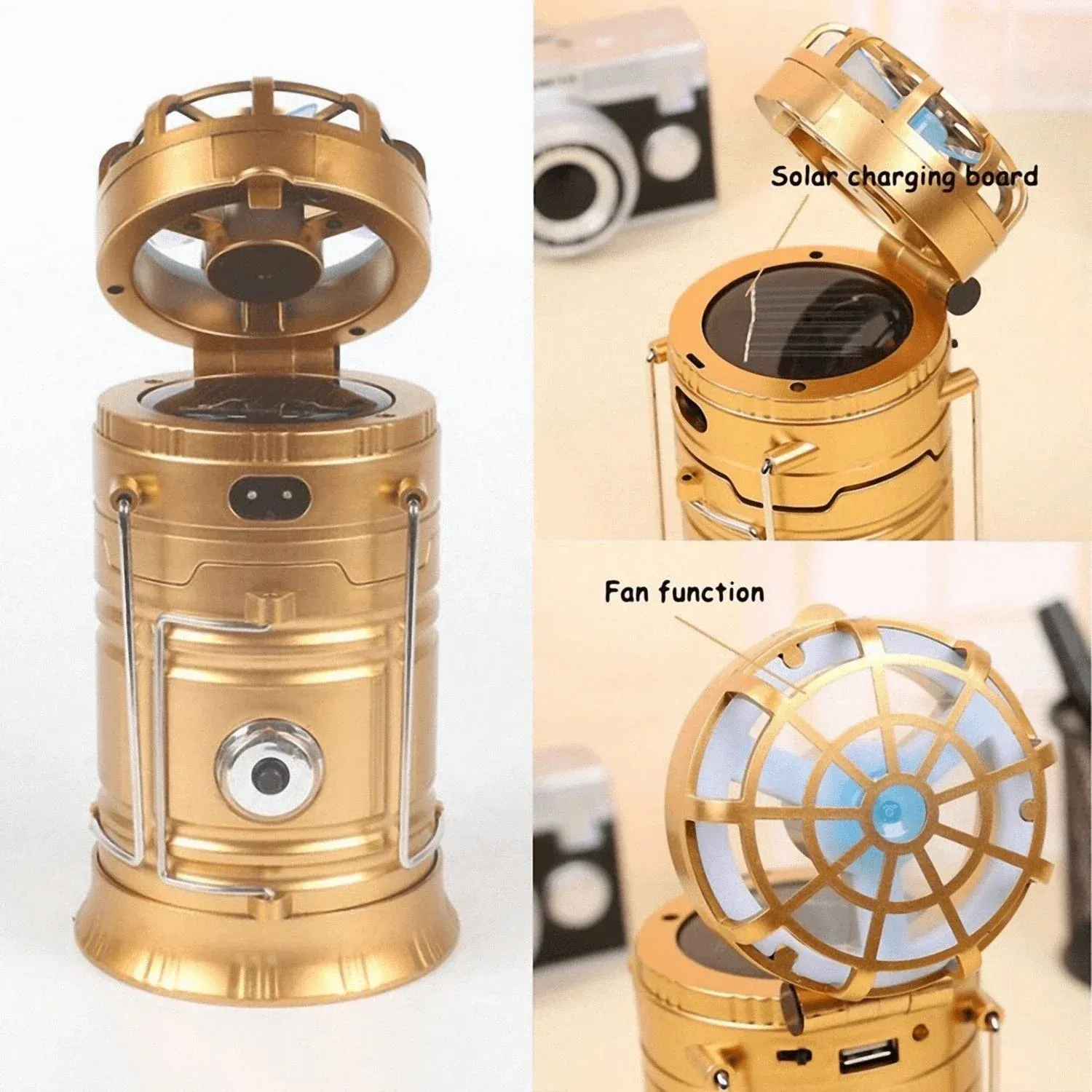 Solar 6 in 1 Portable Camping Fan LED Lamp Outdoor Lighting Folding Camp Tent Lamp USB Rechargeable Lantern With Fan