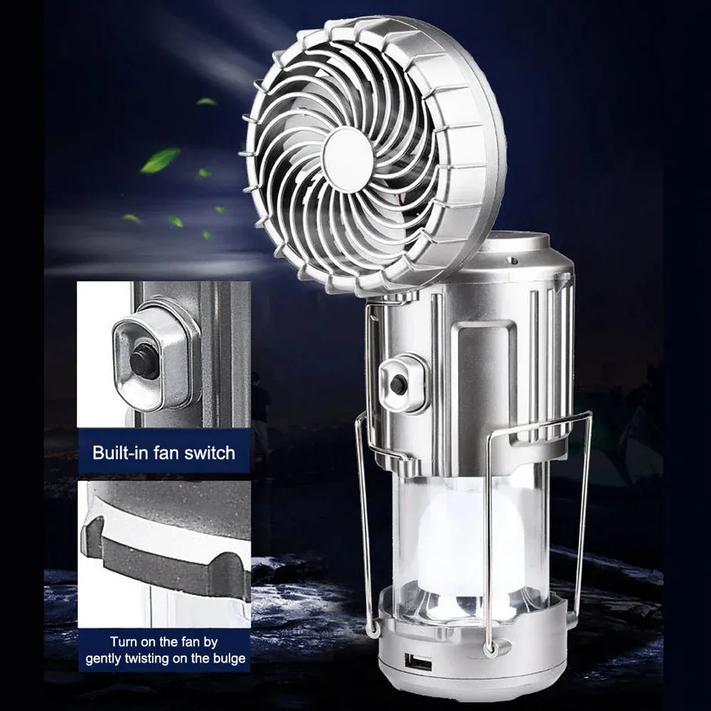 Solar 6 in 1 Portable Camping Fan LED Lamp Outdoor Lighting Folding Camp Tent Lamp USB Rechargeable Lantern With Fan