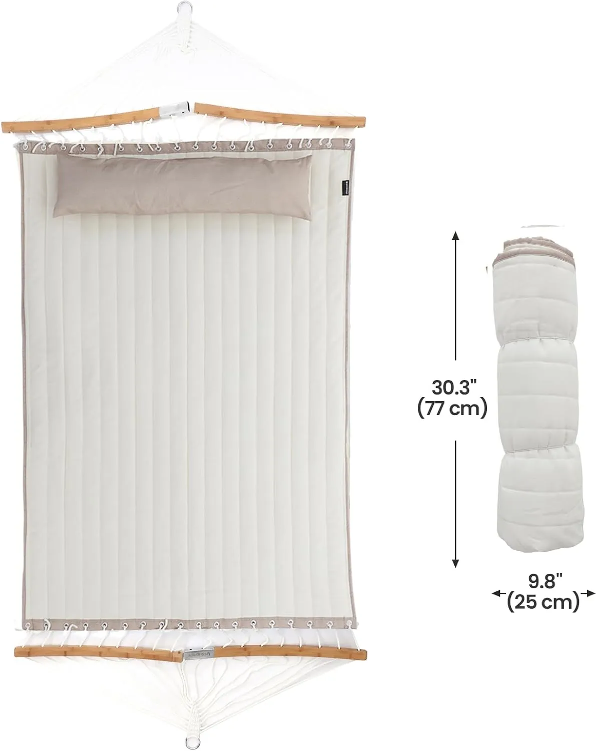 SONGMICS Hammock, Quilted Hammock with Curved Bamboo Spreaders, Pillow, 78.7 x 55.1 Inches, Portable Padded Hammock Holds up to 495 lb, Cream and Beige UGDC34BE