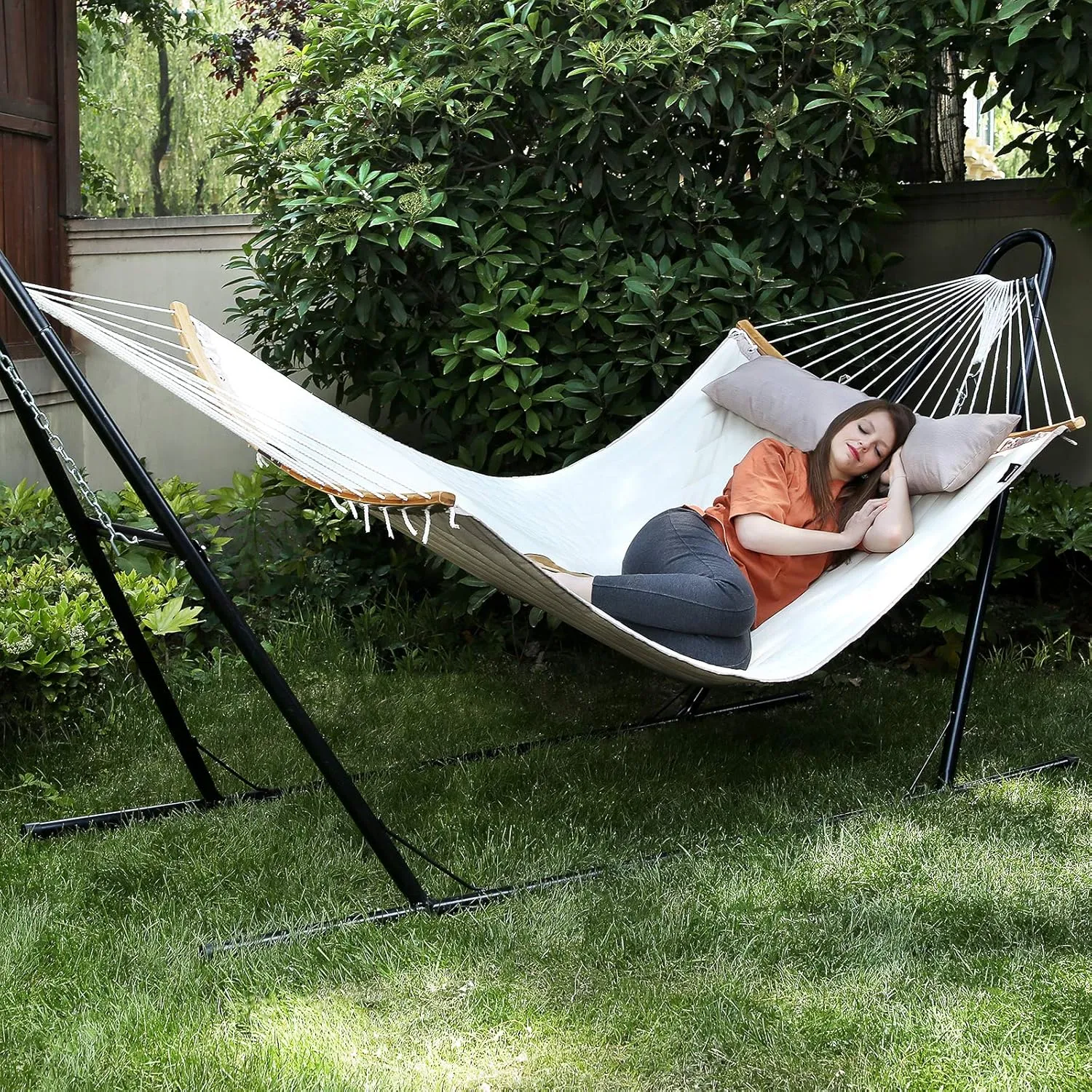 SONGMICS Hammock, Quilted Hammock with Curved Bamboo Spreaders, Pillow, 78.7 x 55.1 Inches, Portable Padded Hammock Holds up to 495 lb, Cream and Beige UGDC34BE