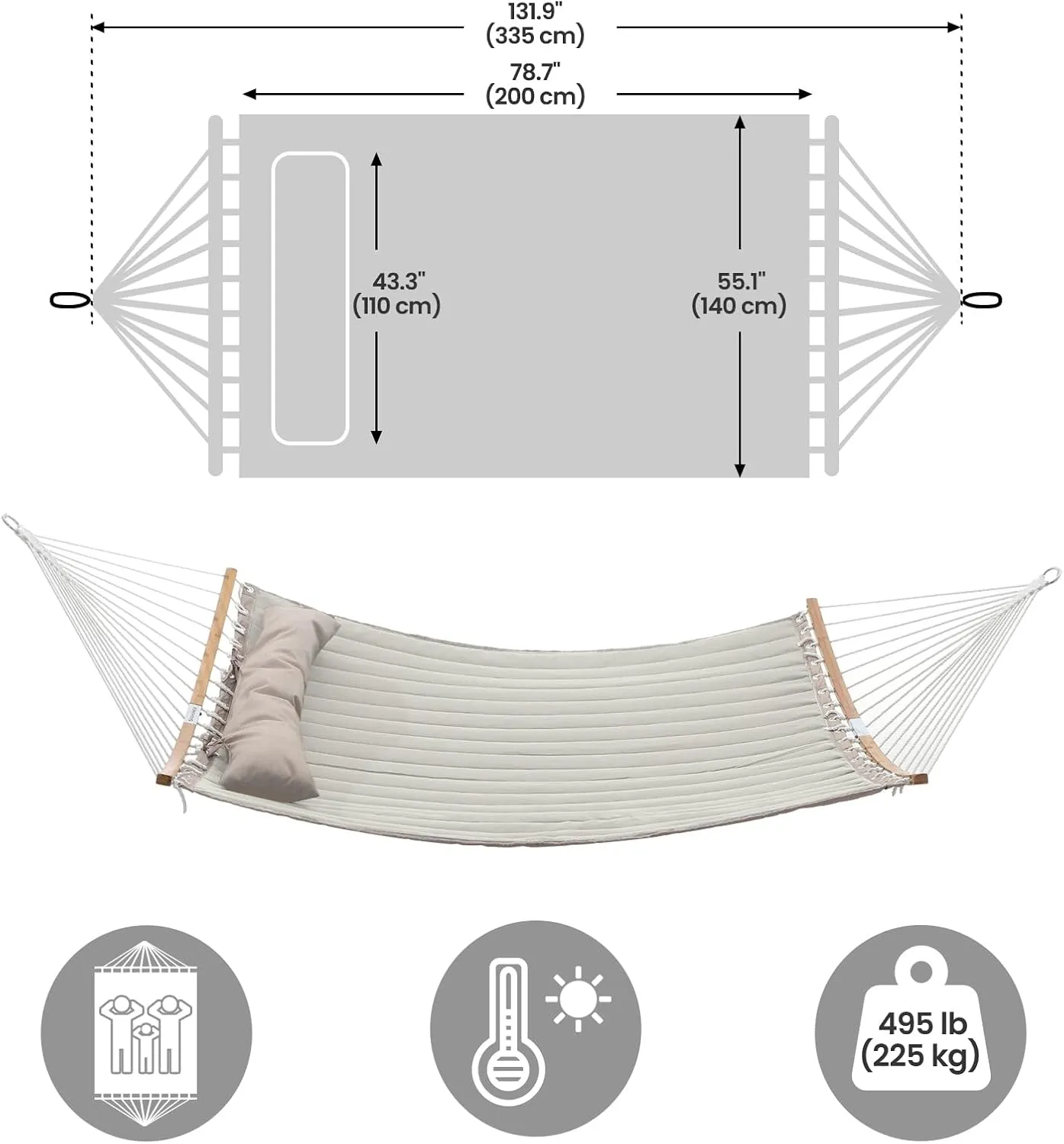 SONGMICS Hammock, Quilted Hammock with Curved Bamboo Spreaders, Pillow, 78.7 x 55.1 Inches, Portable Padded Hammock Holds up to 495 lb, Cream and Beige UGDC34BE