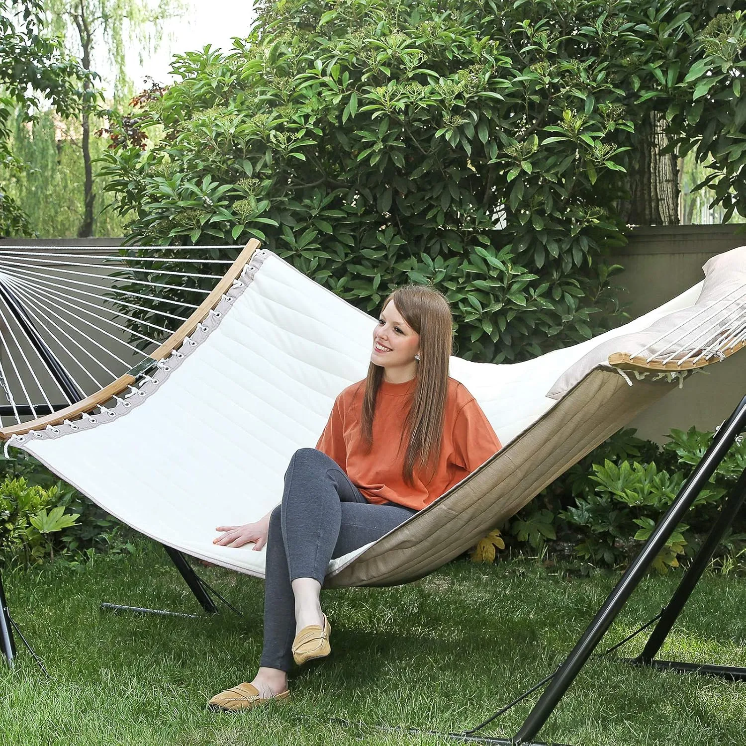 SONGMICS Hammock, Quilted Hammock with Curved Bamboo Spreaders, Pillow, 78.7 x 55.1 Inches, Portable Padded Hammock Holds up to 495 lb, Cream and Beige UGDC34BE